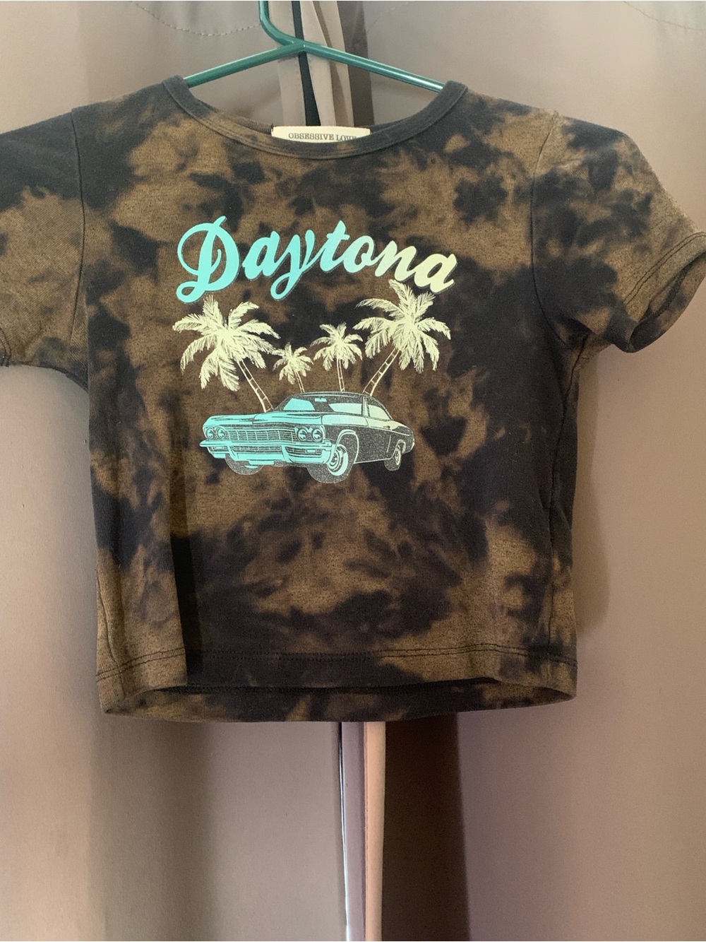Daytona Tie-Dye Crop Tee with Vintage Car Graphic and Palm trees.